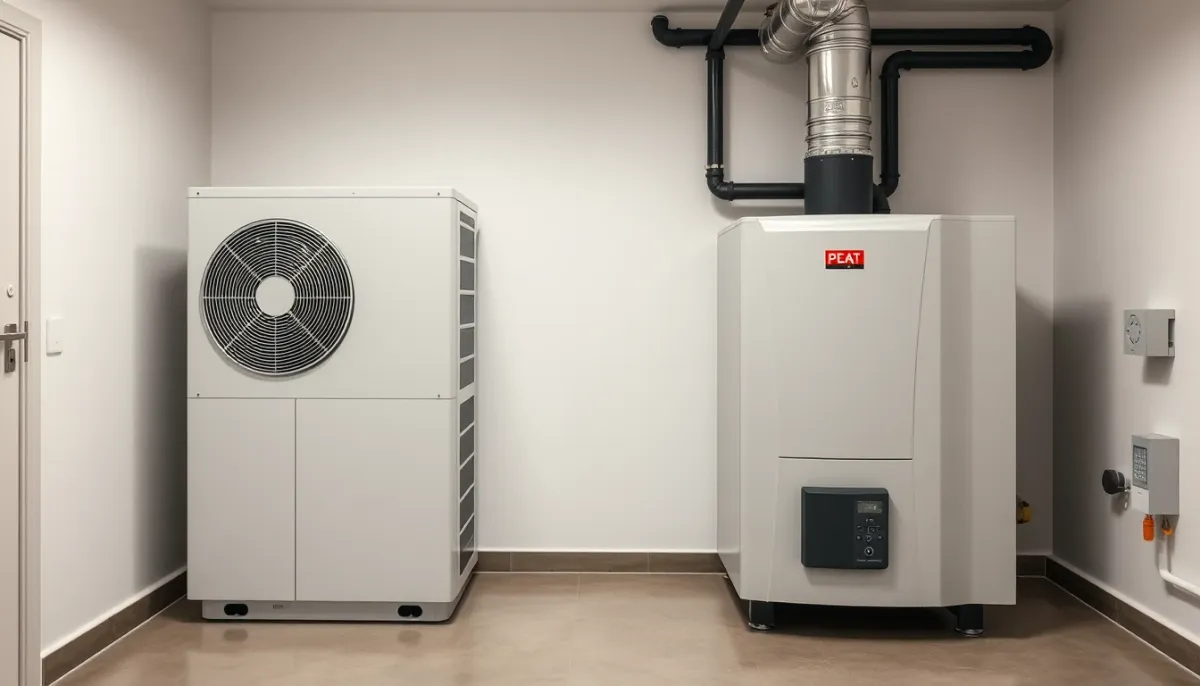Comparaison côte à côte d'une pompe à chaleur et d'une chaudière à pellets dans une chaufferie