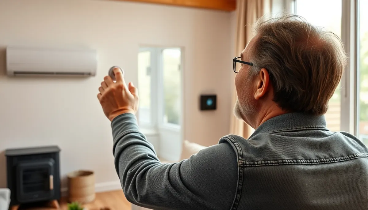 Propriétaire réglant un thermostat connecté dans un salon confortable, illustrant le confort d'utilisation d'une pompe à chaleur