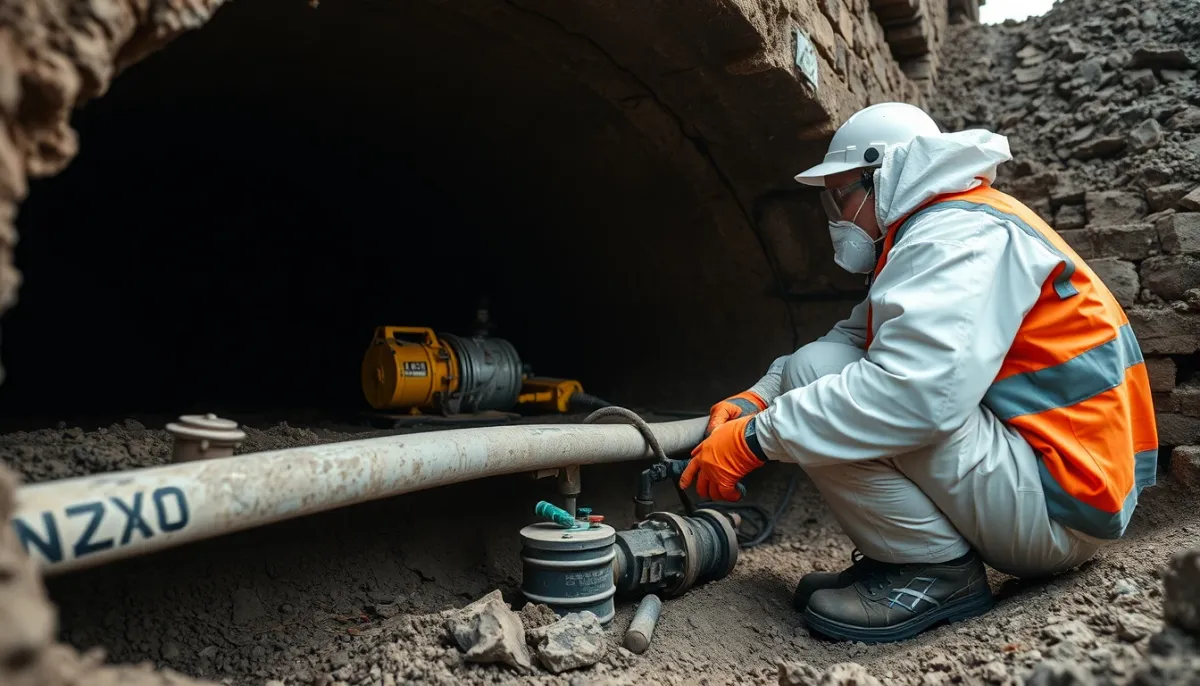 Technicien inspectant une citerne à mazout enterrée lors d'une neutralisation