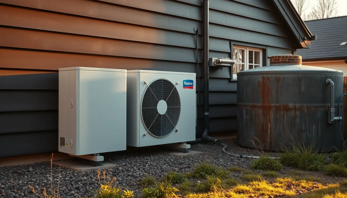 Pompe à chaleur installée à l'extérieur d'une maison, alternative à la citerne à mazout