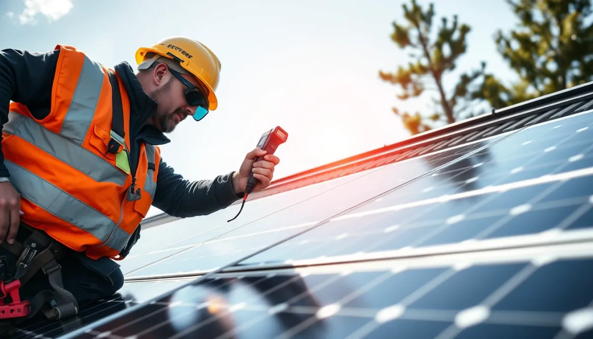 Installateur agréé réalisant une thermographie infrarouge sur des panneaux solaires