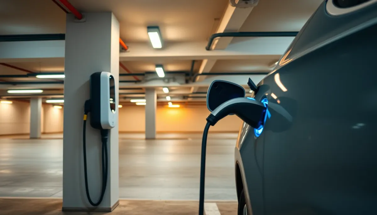 Voiture électrique en charge sur une borne individuelle dans un parking de copropriété