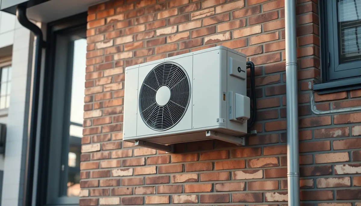 Unité extérieure de climatisation fixée sur un mur en briques, illustrant les règles de distance et d'esthétique