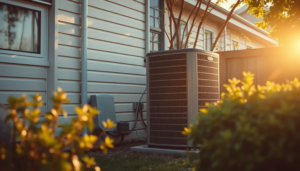 Climatisation en façade arrière dans un jardin résidentiel, fonctionnant silencieusement