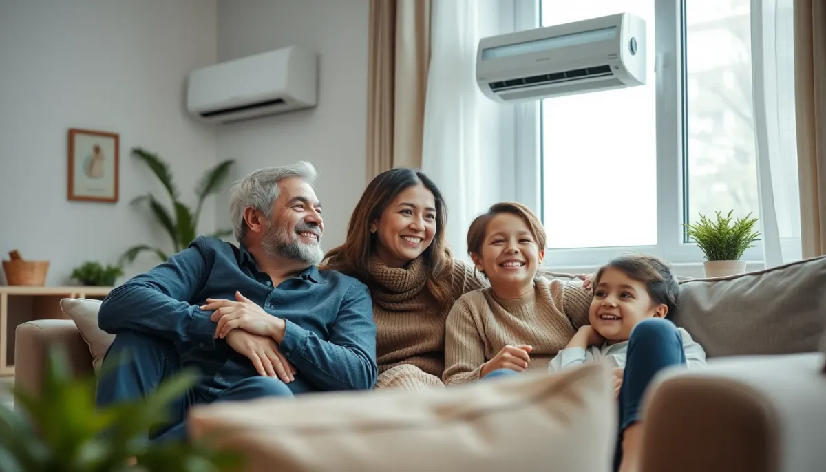 Famille profitant d'un intérieur confortable grâce à une climatisation bien installée