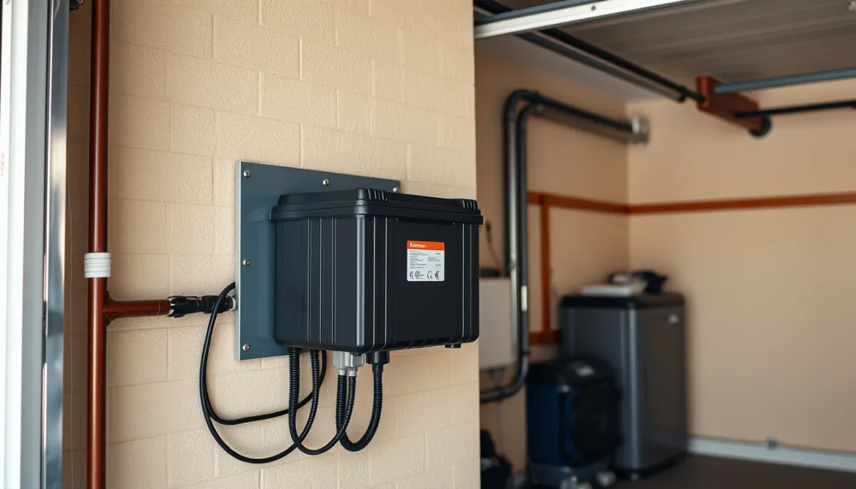 Batterie domestique fixée au mur d'un garage avec espace dégagé autour