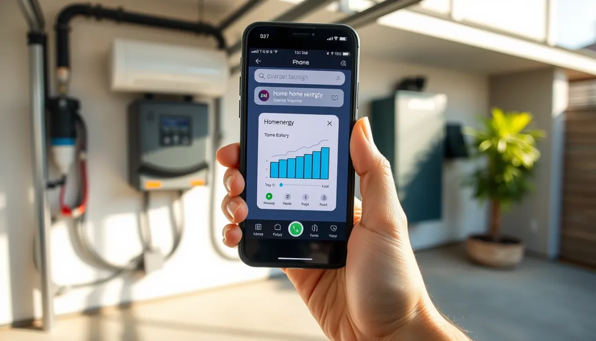 Propriétaire consultant l'application de suivi de sa batterie domestique dans son garage