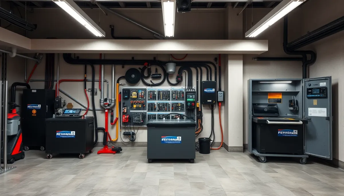 Comparatif visuel de trois emplacements de batterie domestique : garage, local technique et extérieur