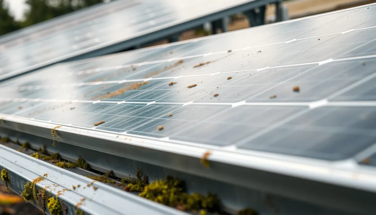 Gros plan sur des panneaux solaires encrassés avec des fientes d'oiseaux et de la mousse