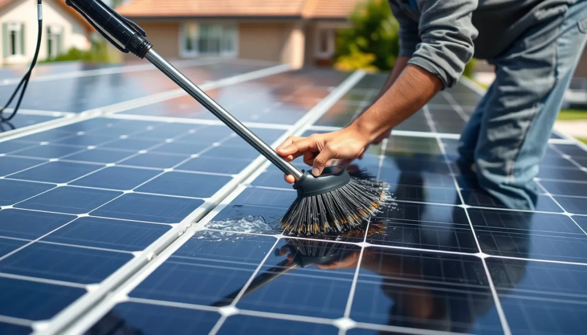 Personne nettoyant des panneaux solaires avec une brosse télescopique et de l'eau