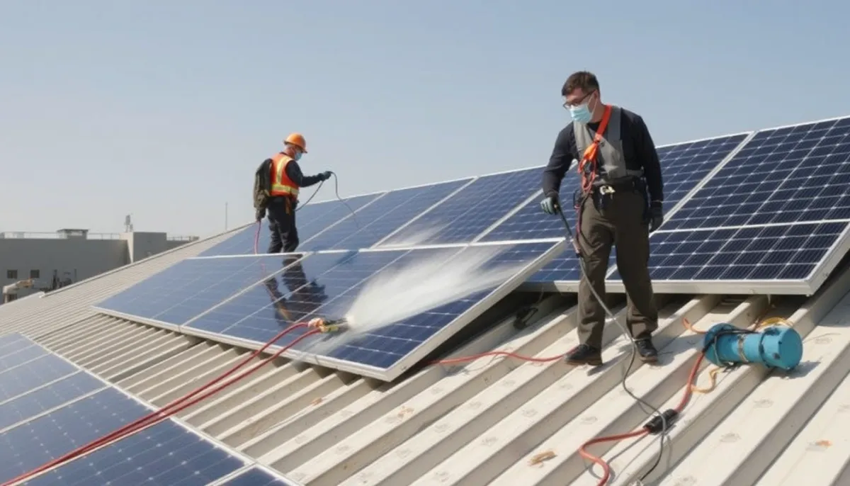 Équipe professionnelle nettoyant des panneaux solaires sur un toit en Wallonie