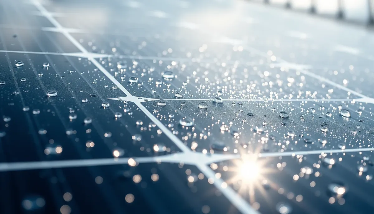 Gros plan sur des gouttes d'eau sur un panneau solaire après la pluie