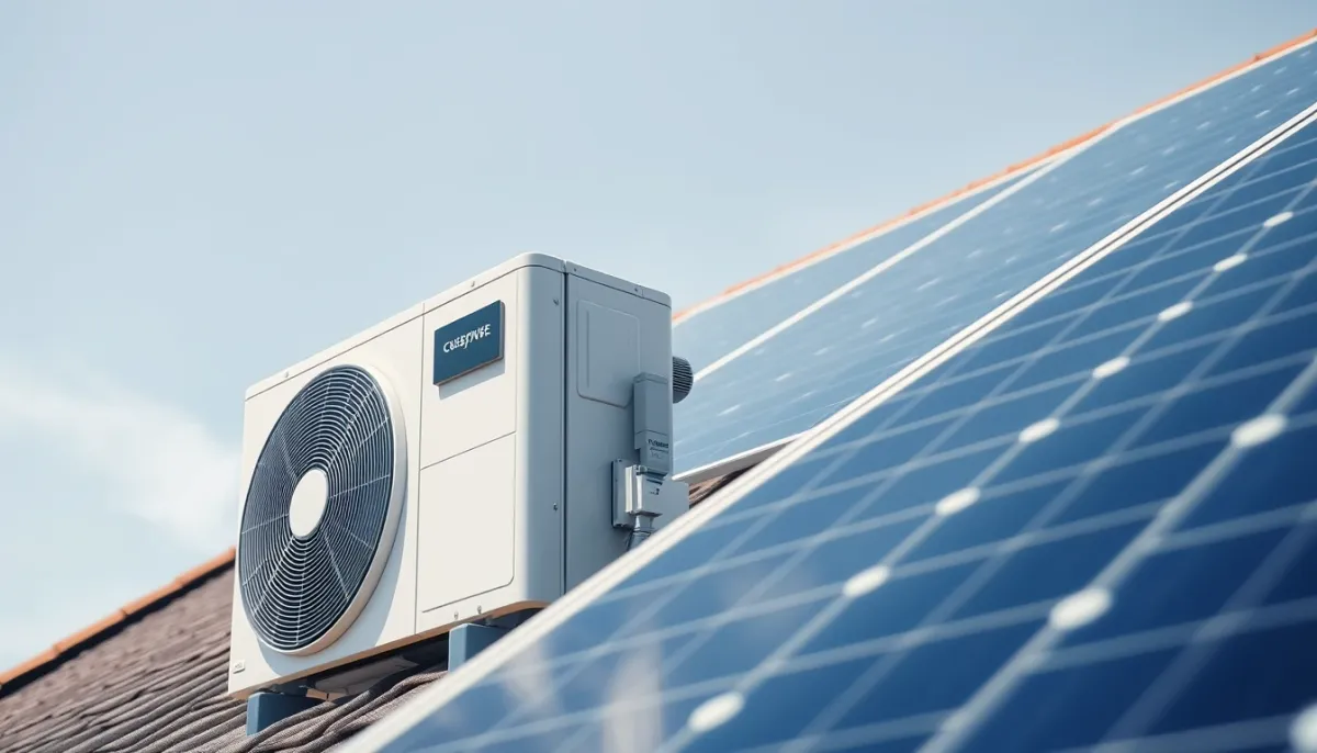 Gros plan sur une unité extérieure de pompe à chaleur et des panneaux solaires sur un toit