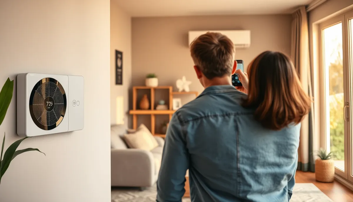 Intérieur confortable avec un thermostat intelligent et une pompe à chaleur moderne