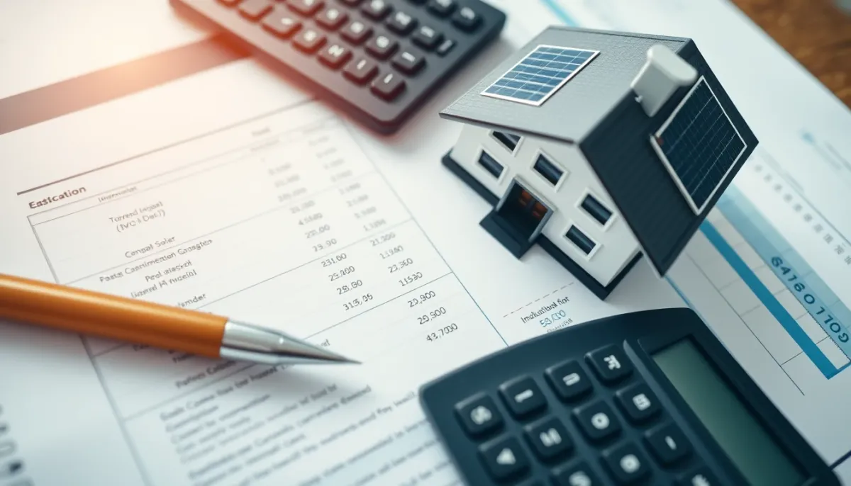 Document financier et calculatrice avec une maquette de maison solaire pour illustrer le prix posé