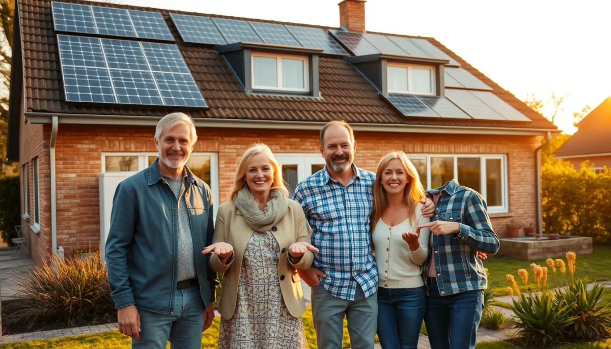 Famille devant sa maison équipée de panneaux solaires et d'une pompe à chaleur, illustrant les bénéficiaires du duo