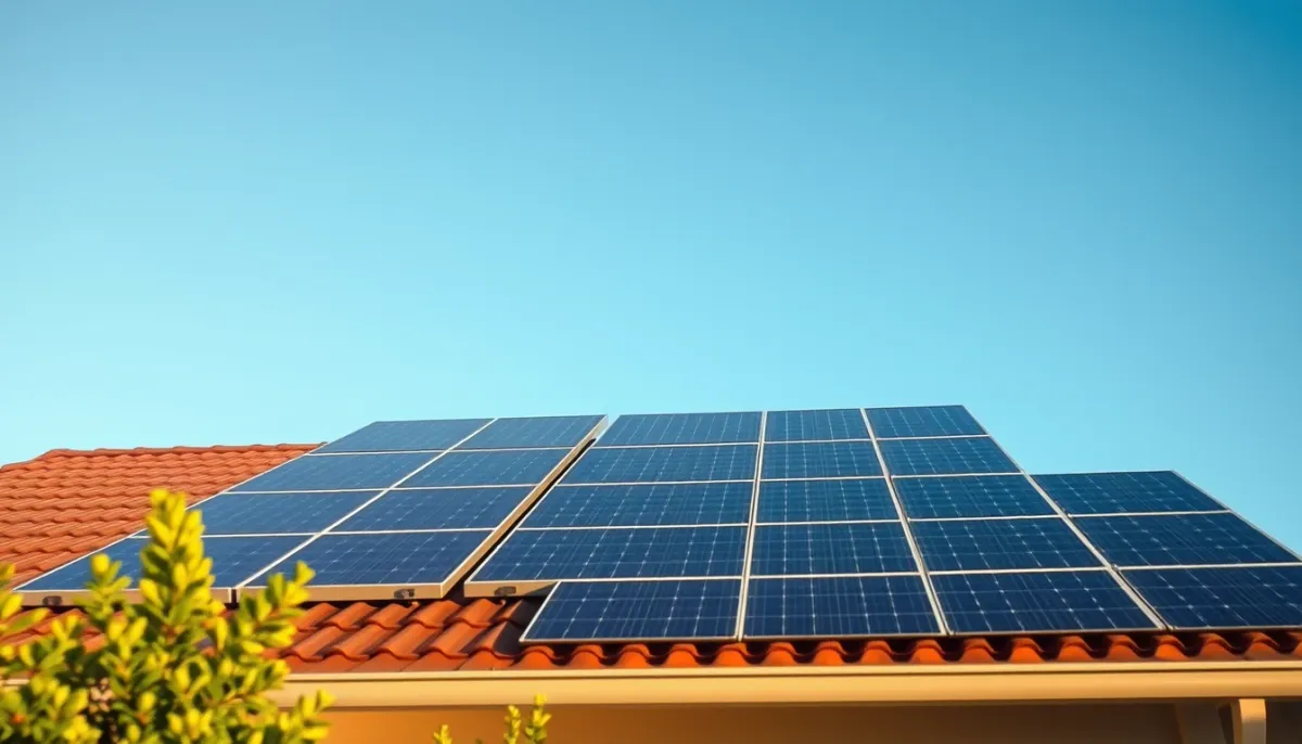 Panneaux photovoltaïques installés sur le toit d'une maison, vus en contre-plongée sous un ciel ensoleillé
