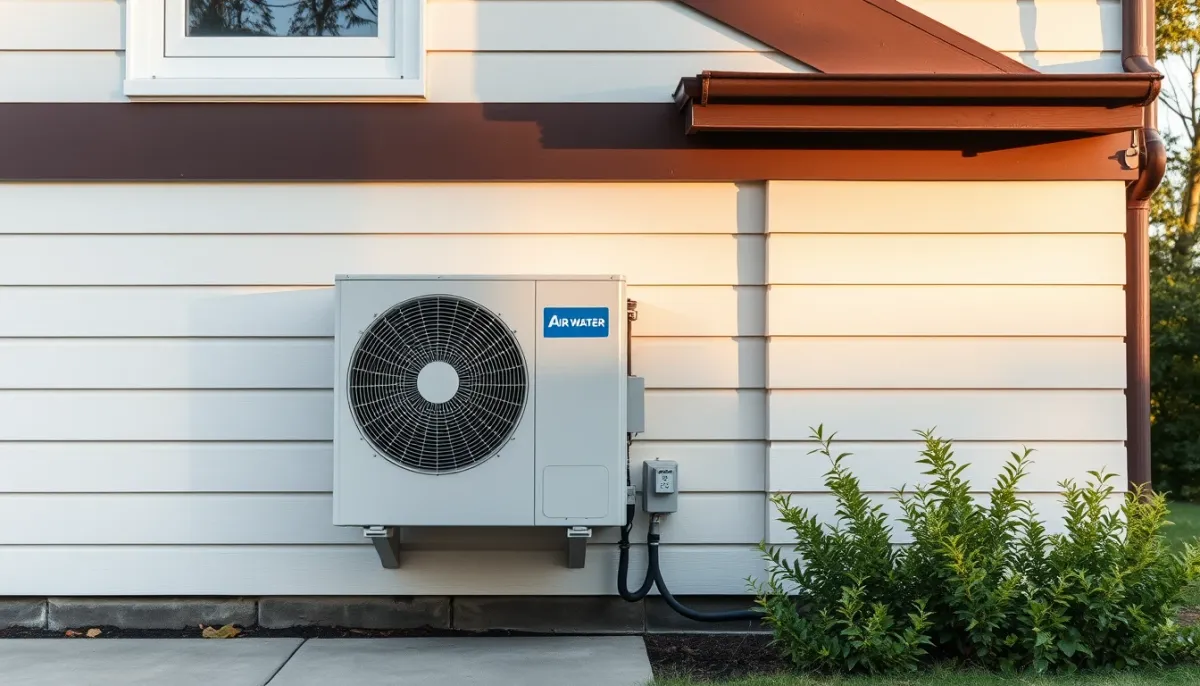 Pompe à chaleur air/eau installée contre le mur extérieur d'une maison, entourée de végétation