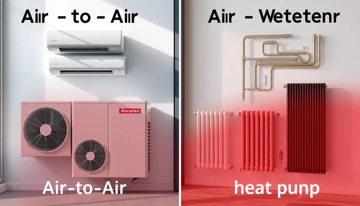 Comparaison visuelle entre une pompe à chaleur air/air et air/eau, montrant les unités intérieures et extérieures