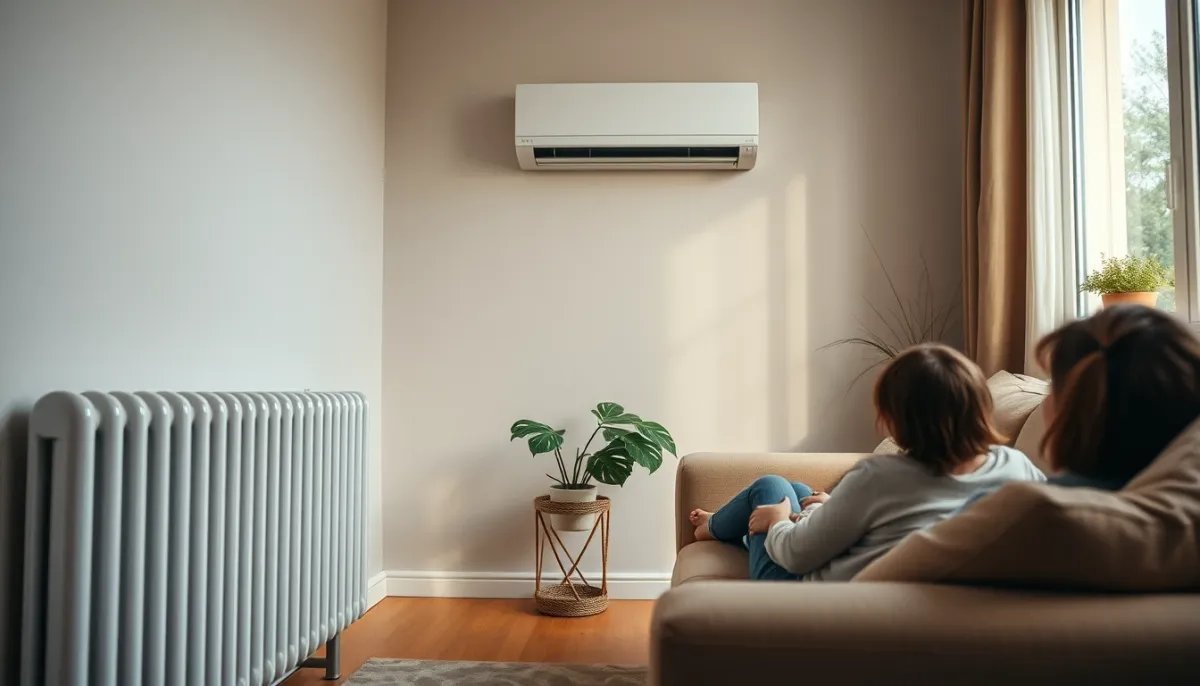 Intérieur confortable avec radiateur et unité de climatisation réversible, illustrant le confort au quotidien
