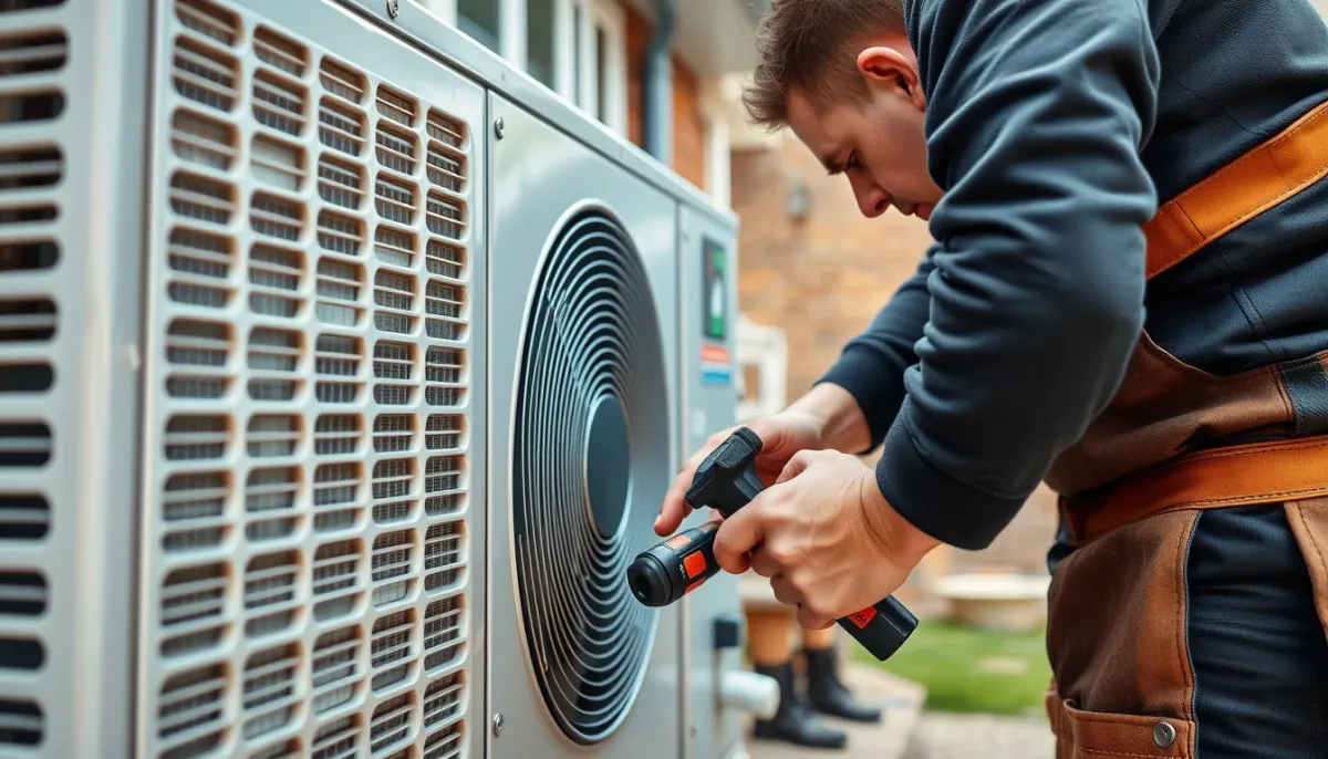 Installation d'une pompe à chaleur par un professionnel, mettant en avant le prix posé et la main-d'œuvre