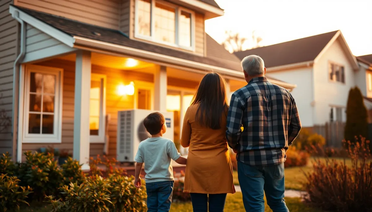 Famille devant sa maison équipée d'une pompe à chaleur, représentant les profils types adaptés à cette solution