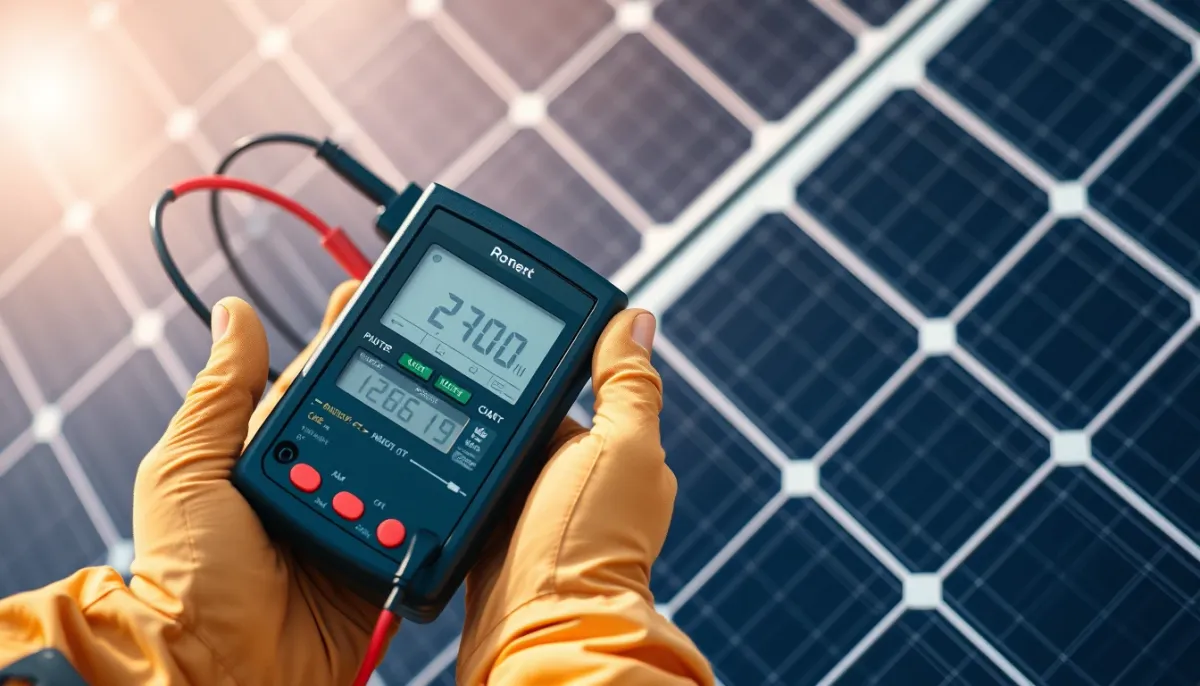 Technicien utilisant un multimètre pour mesurer la performance d'un panneau solaire