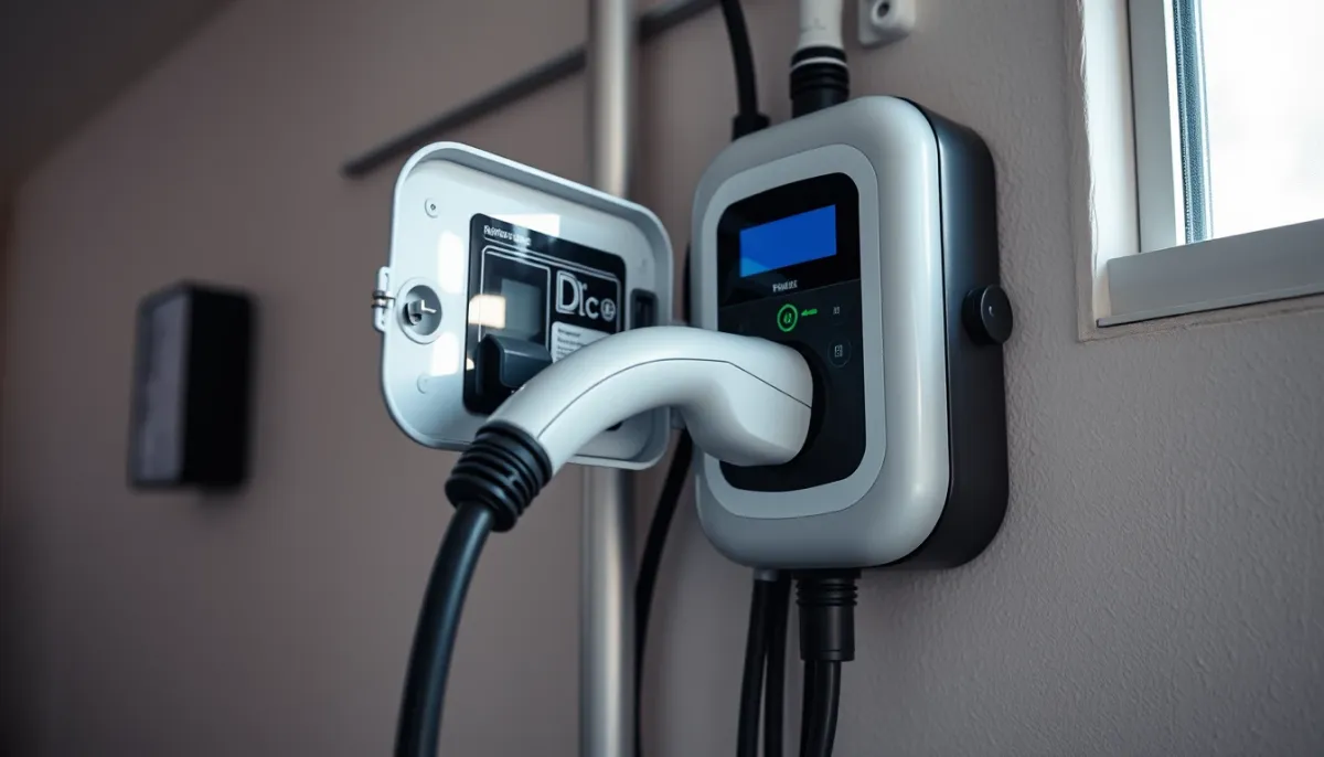 Gros plan sur une borne de recharge bidirectionnelle en courant continu installée dans un garage