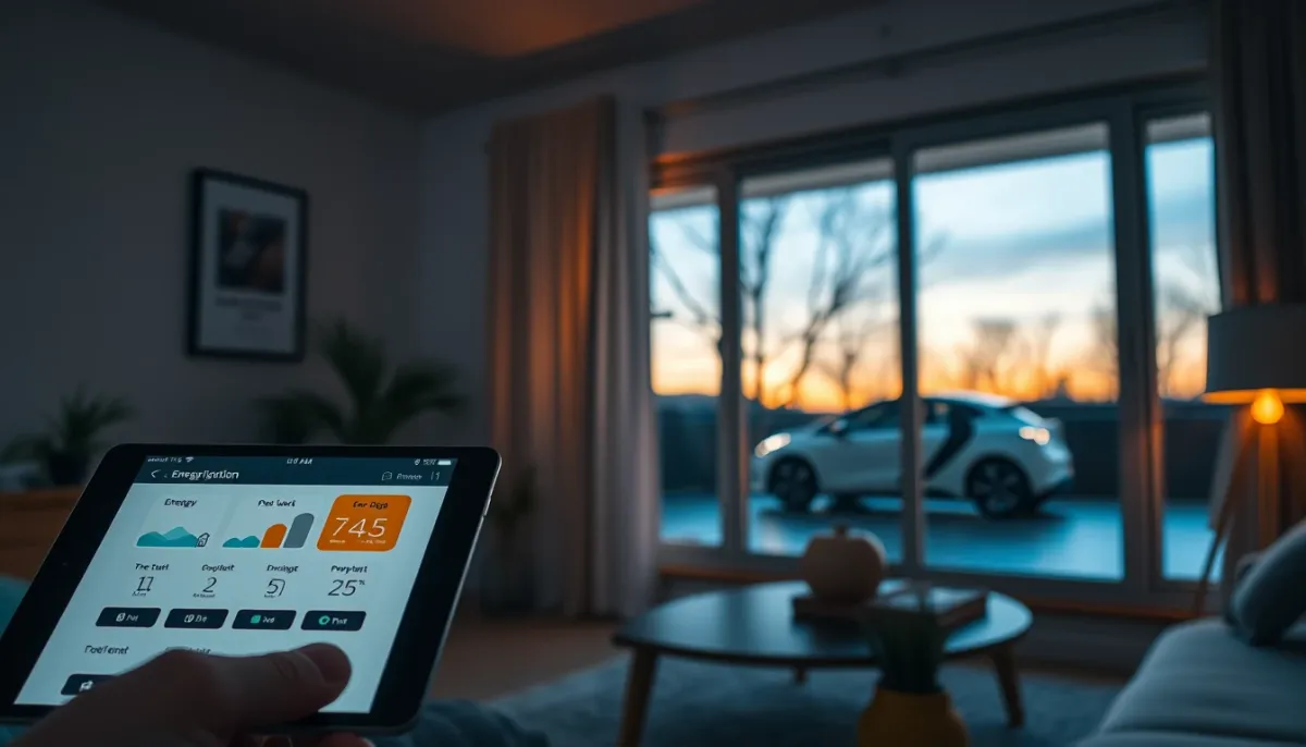 Intérieur domestique avec une application de gestion d'énergie montrant la consommation de la voiture électrique