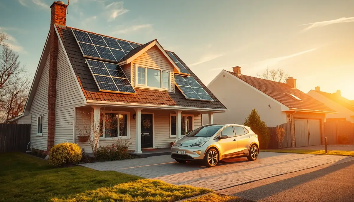 Maison équipée de panneaux solaires et voiture électrique dans l'allée, illustrant l'autoconsommation