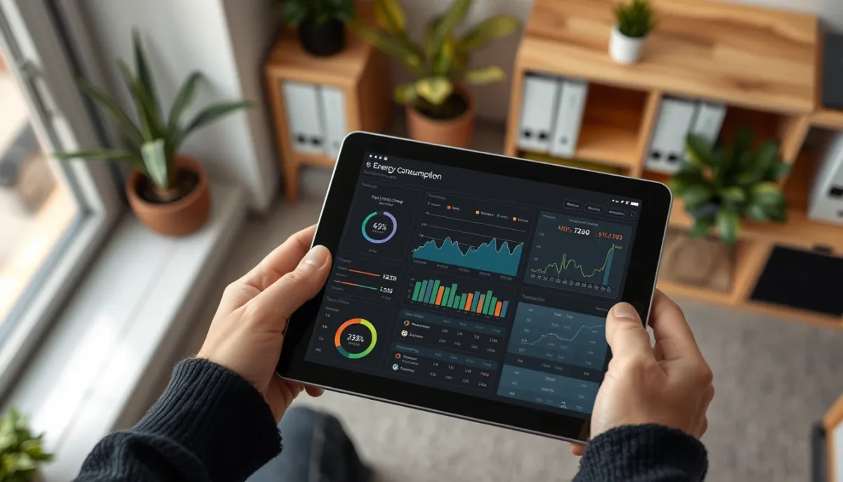 Tablette affichant un tableau de bord de consommation énergétique avec des graphiques
