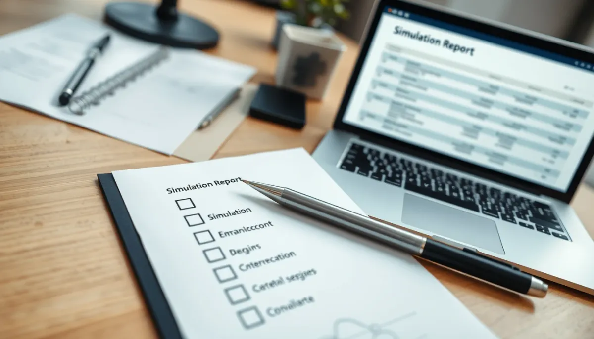 Checklist et ordinateur portable avec rapport de simulation, pour valider un devis